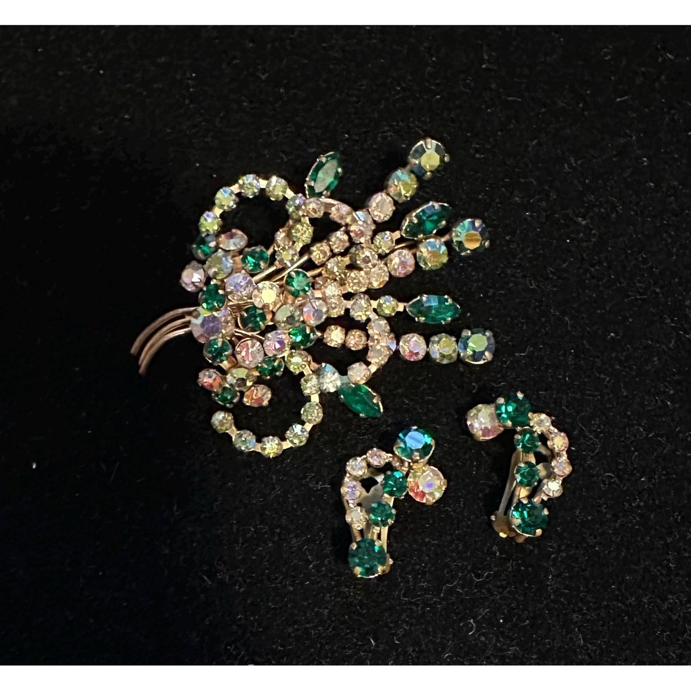 1940-50's Austria Crystal Pin & Earrings Set Blue Green